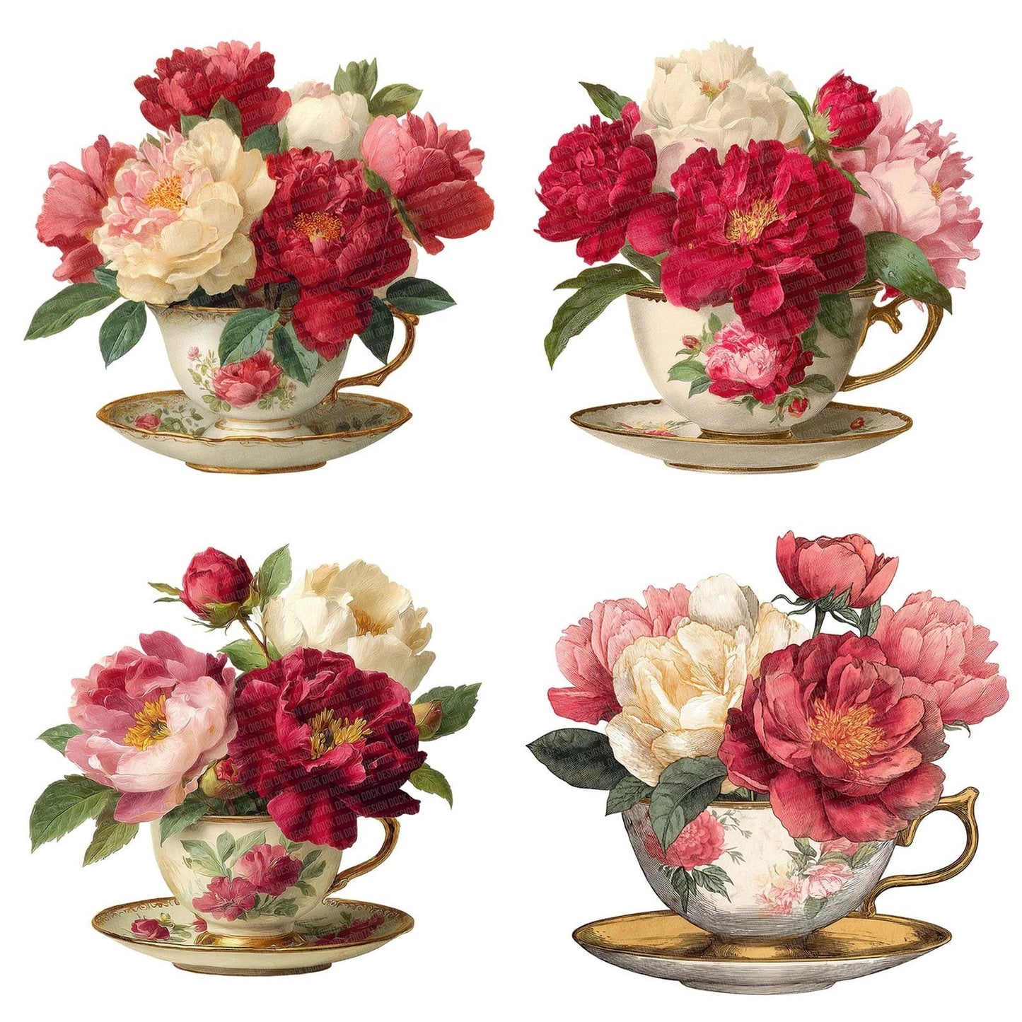 Rose Peony Teacup Clipart Set (DDD006455)