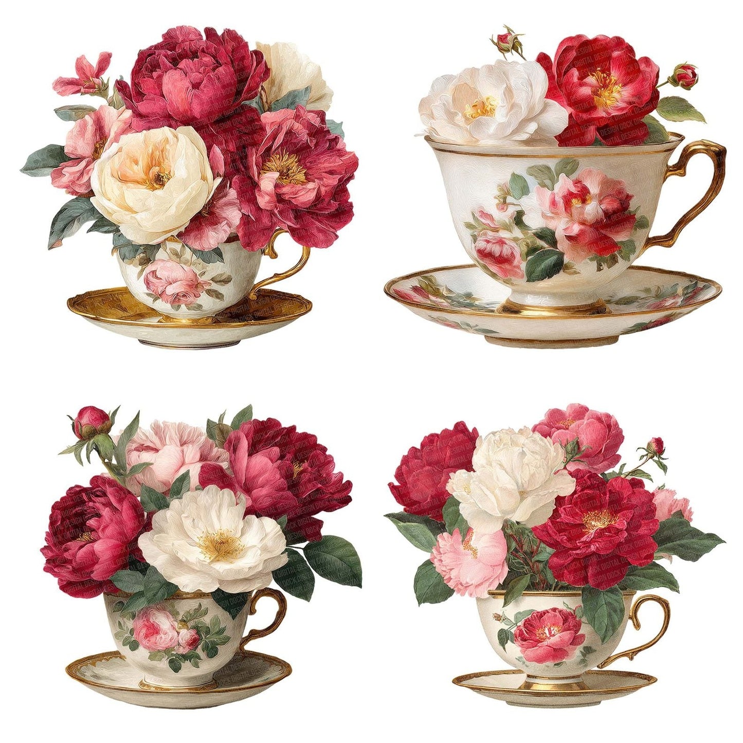 Rose Peony Teacup Clipart Set (DDD006455)