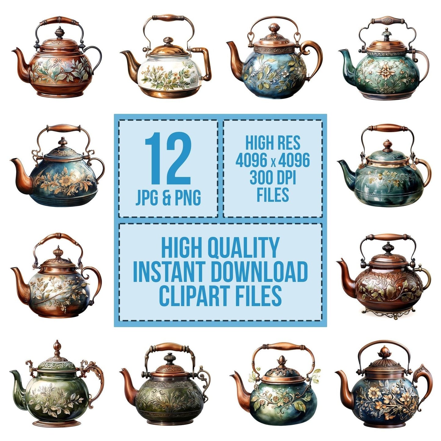 Rustic Engraved Teapot Clipart Set (DDD006470)