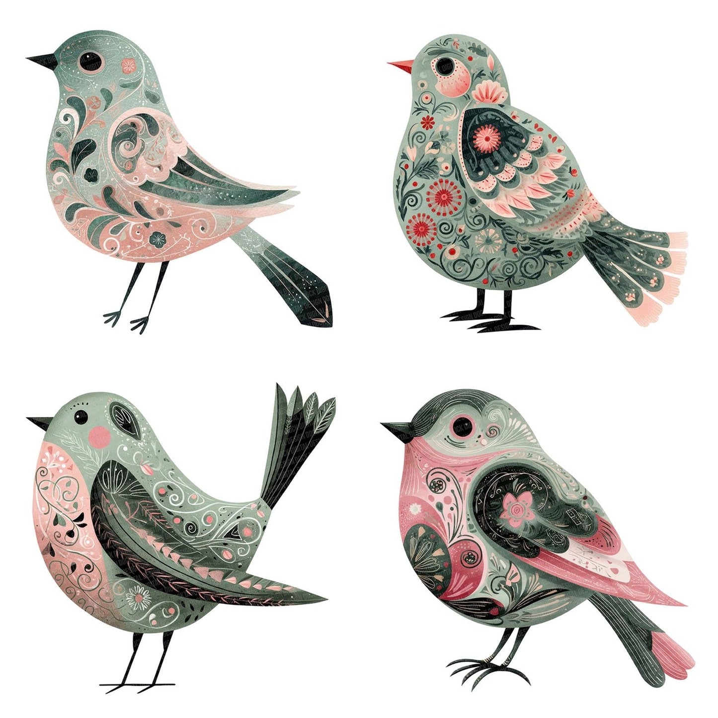 Sage Folk Art Bird Clipart Set (DDD006481)