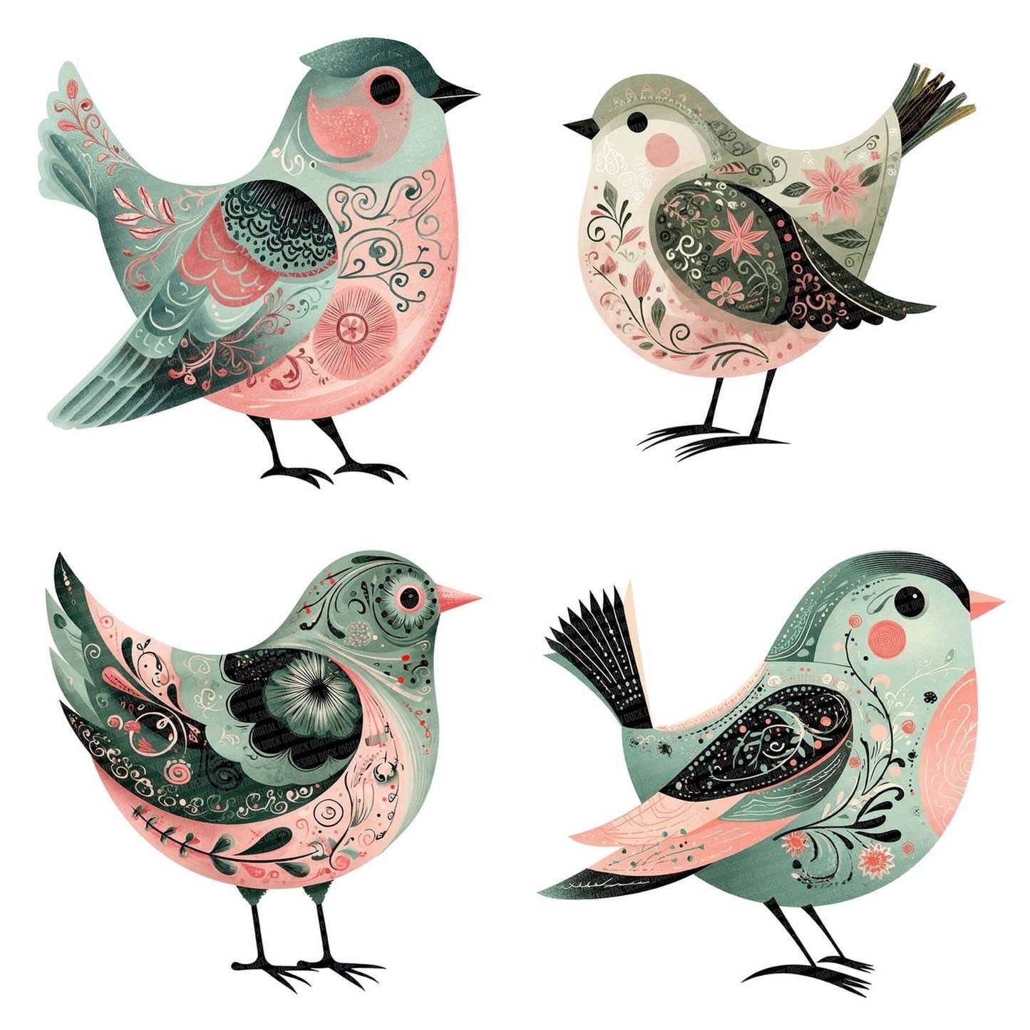 Sage Folk Art Bird Clipart Set (DDD006481)