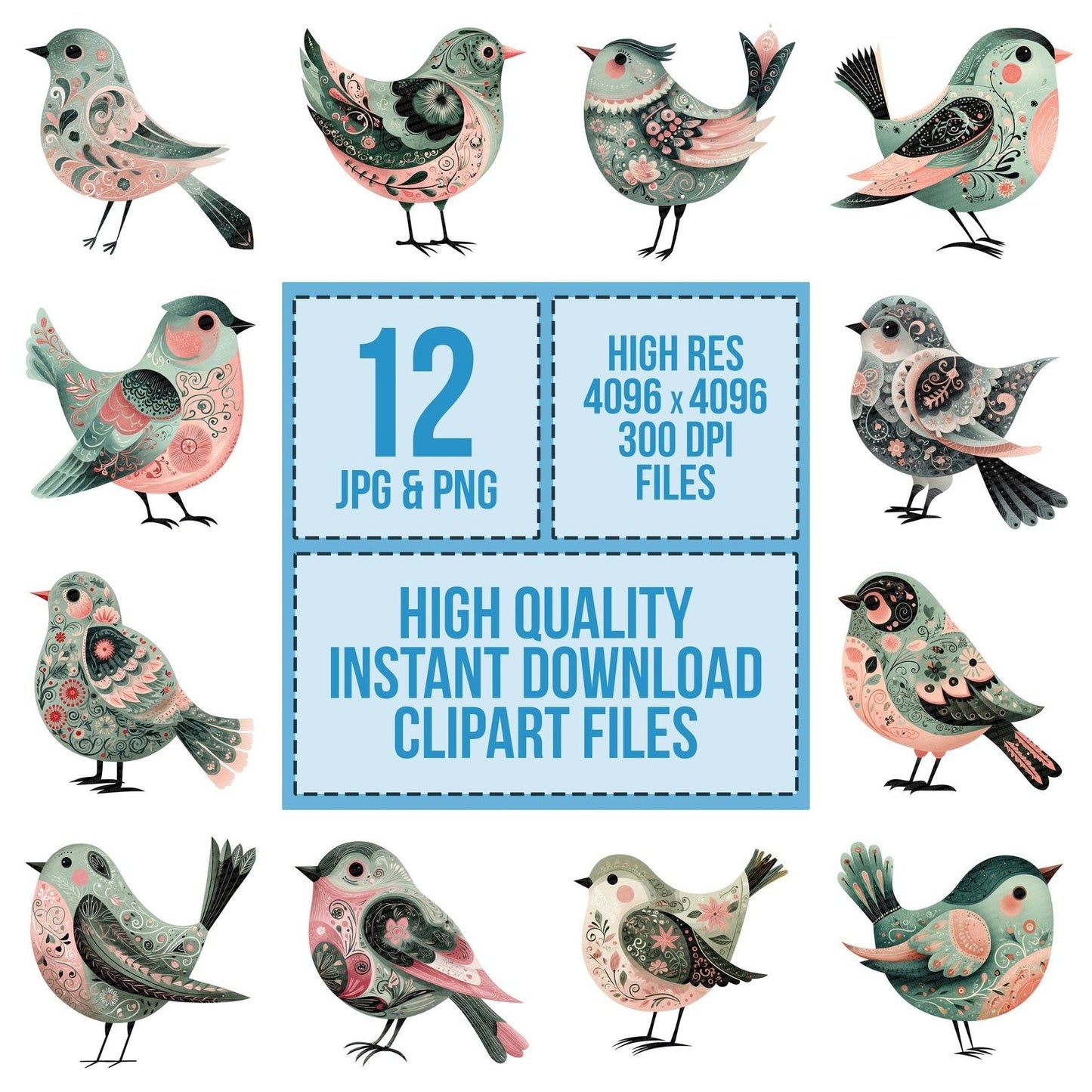 Sage Folk Art Bird Clipart Set (DDD006481)