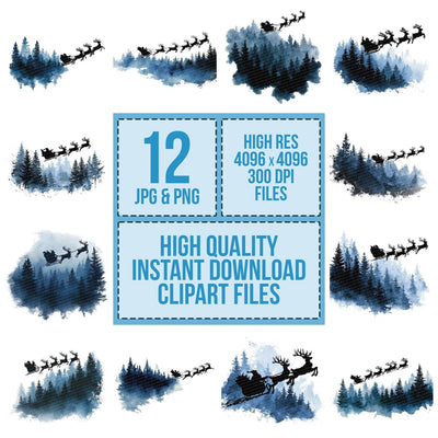 Santa Reindeer Forest Silhouette clipart set cover showing the designs and file details