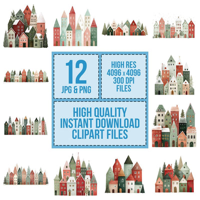 Scandinavian Christmas Houses clipart set cover showing the designs and file details