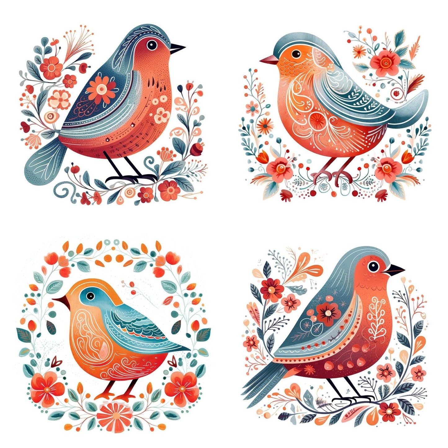 Scandinavian Floral Bird Illustration Clipart Set (DDD006510)