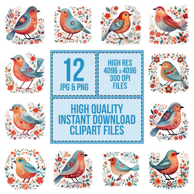 Scandinavian Floral Bird Illustration clipart set cover showing the designs and file details