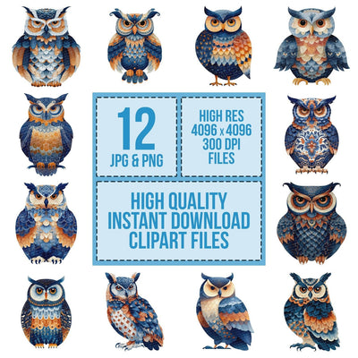 Scandinavian Owl Patterned clipart set cover showing the designs and file details