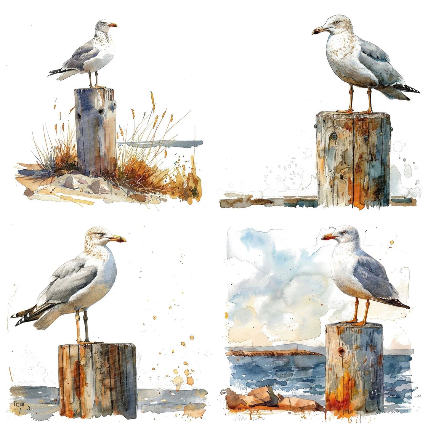 Seagull Perched on a Wooden Post Clipart Set (DDD006524)
