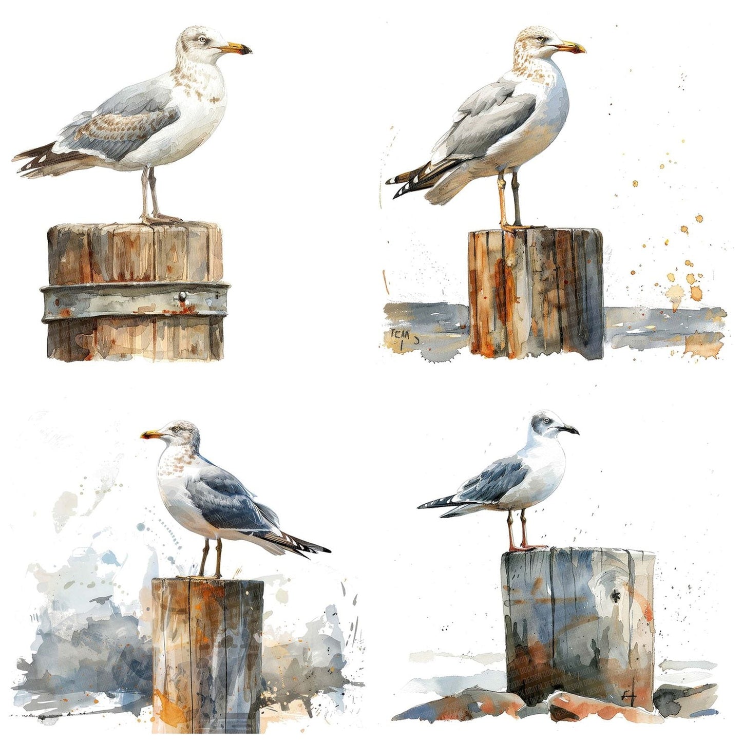 Seagull Perched on a Wooden Post Clipart Set (DDD006524)