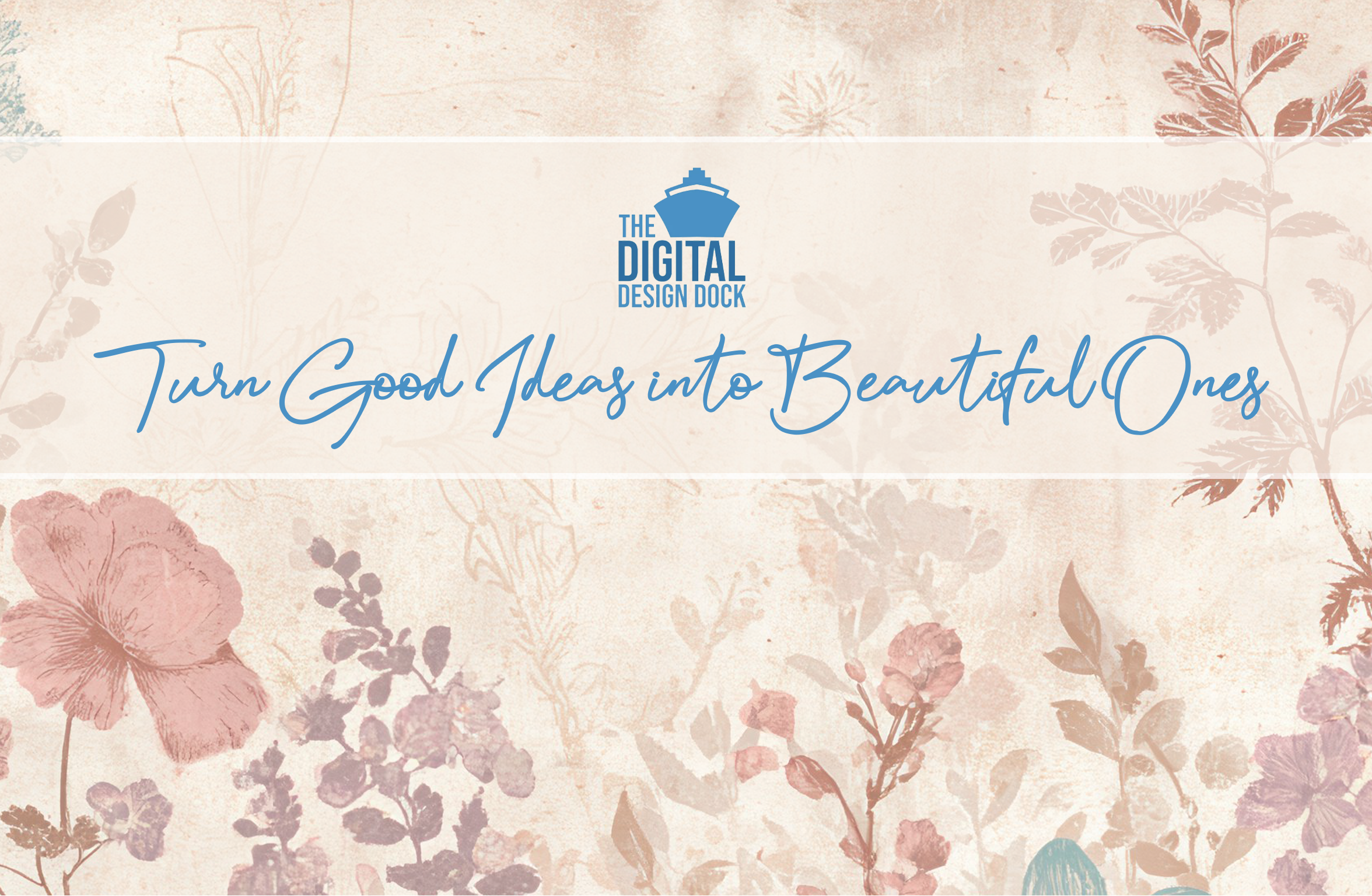 Floral patterned banner with text and a logo on a light background