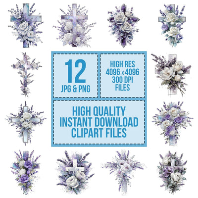 Silver Cross with Frosted Flowers clipart set cover showing the designs and file details