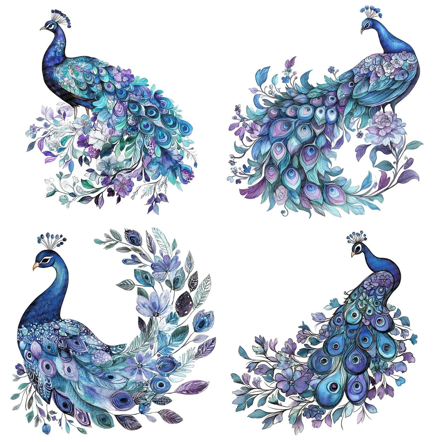 Sitting Peacock with Florals Clipart Set (DDD006554)