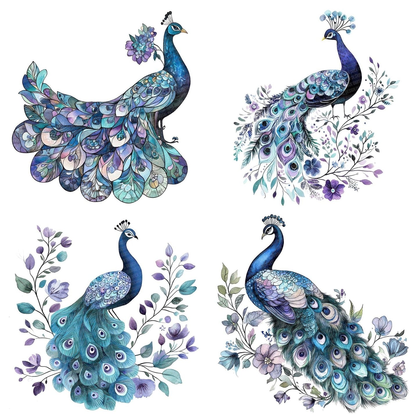 Sitting Peacock with Florals Clipart Set (DDD006554)