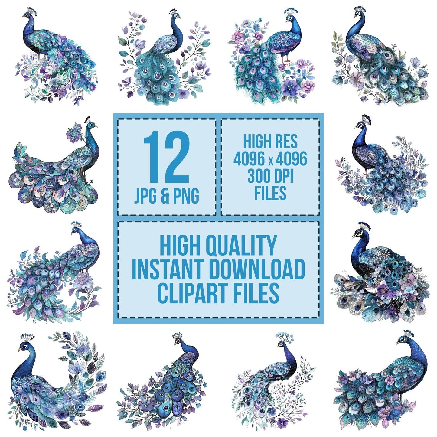Sitting Peacock with Florals Clipart Set (DDD006554)