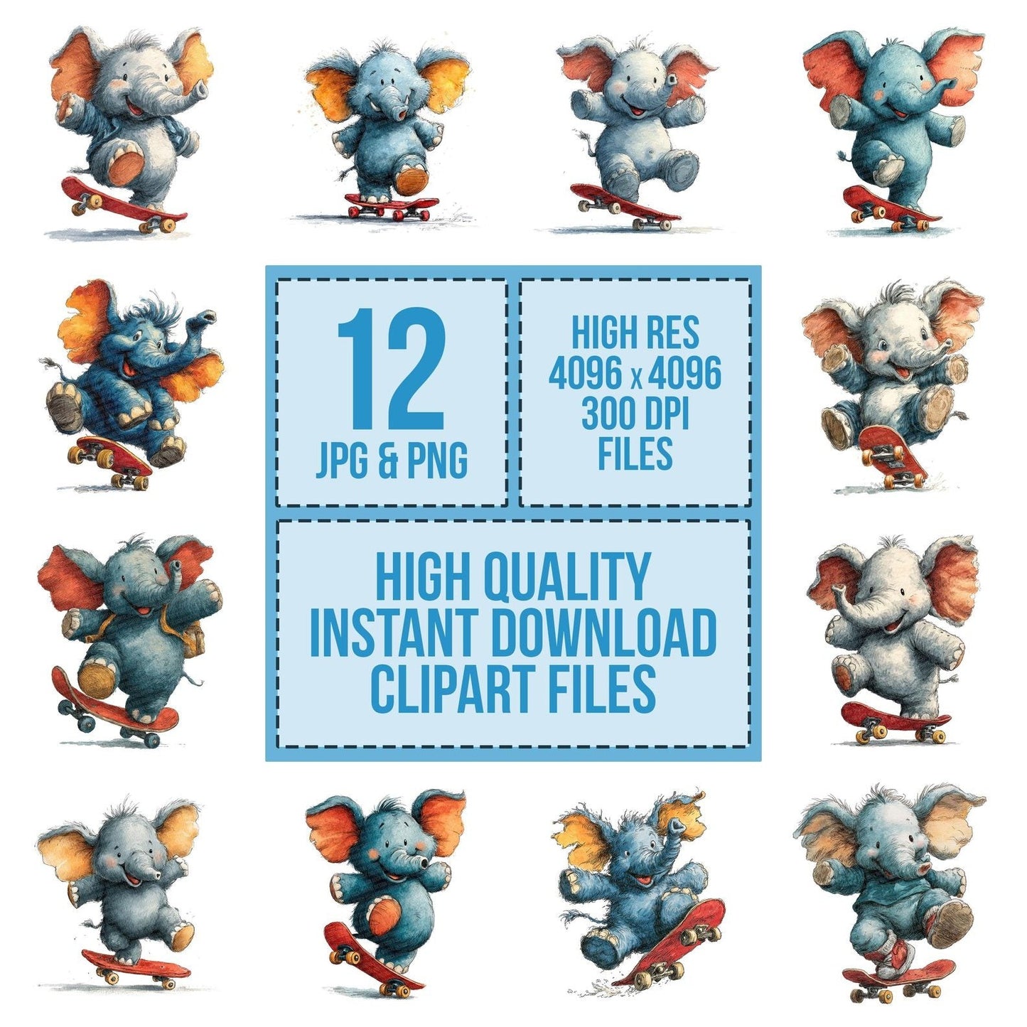 Skateboard Elephant Clipart Set (DDD006557)