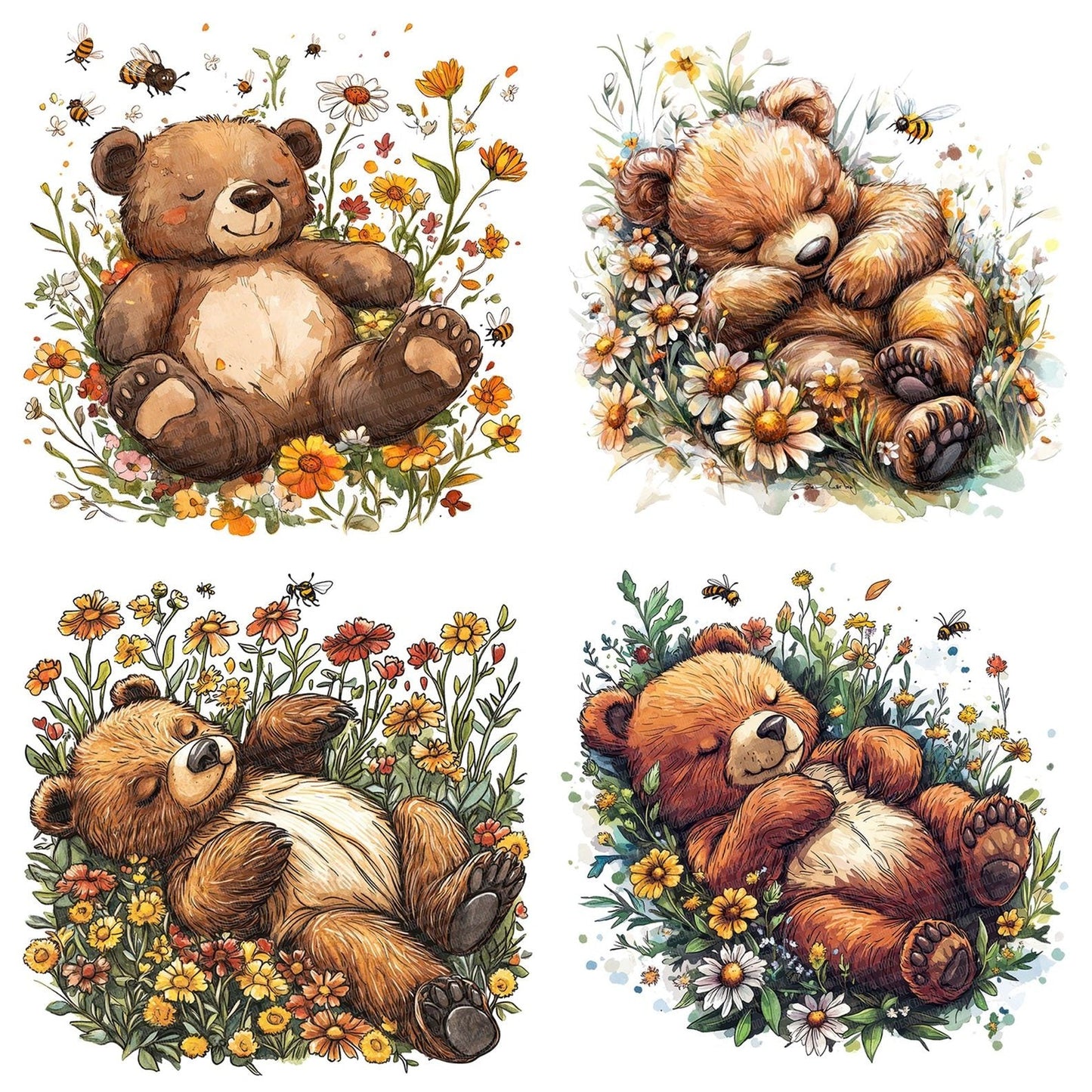 Sleeping Bear in Wildflowers Clipart Set (DDD006575)