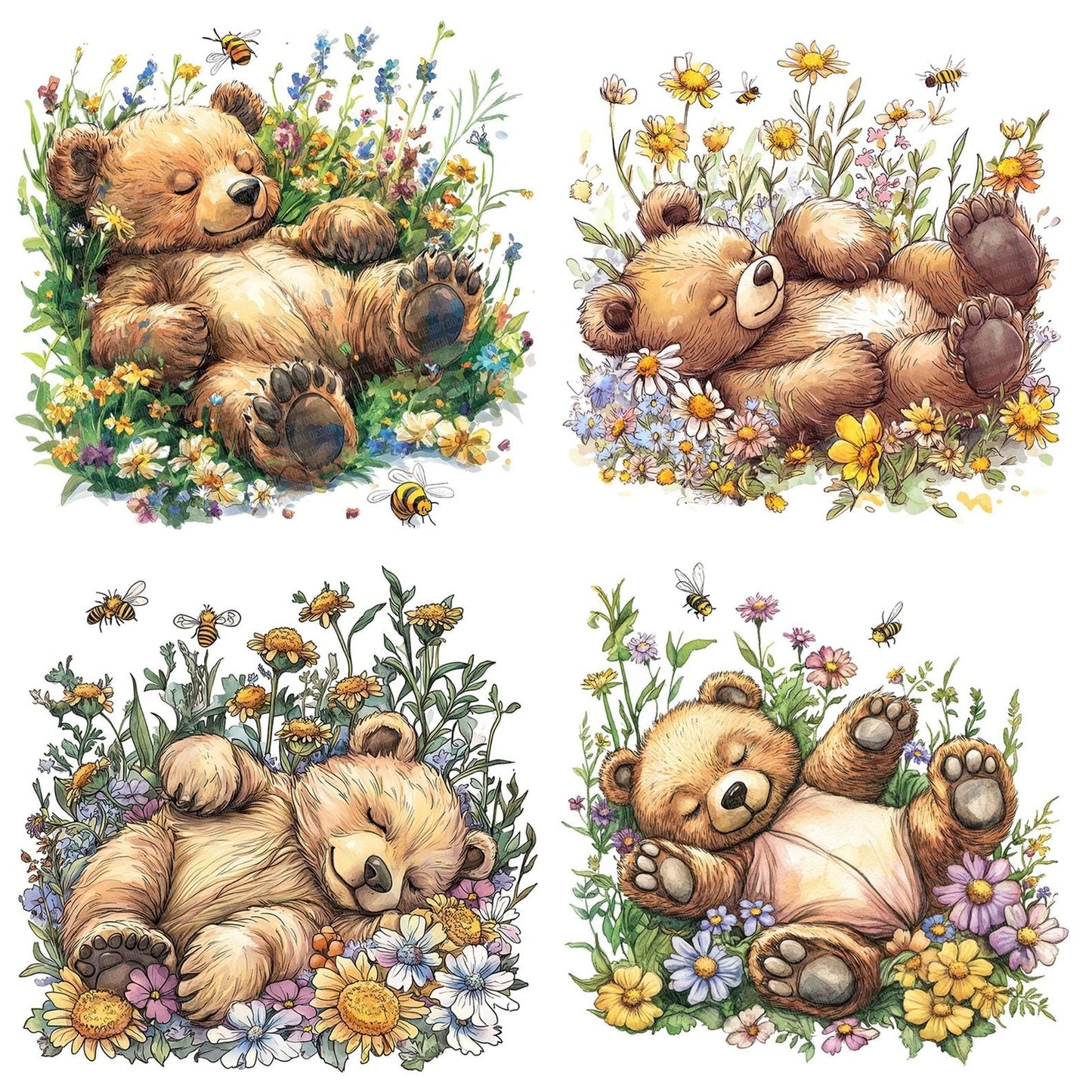 Sleeping Bear in Wildflowers Clipart Set (DDD006575)