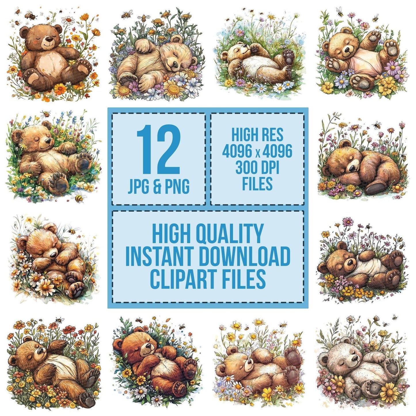 Sleeping Bear in Wildflowers Clipart Set (DDD006575)