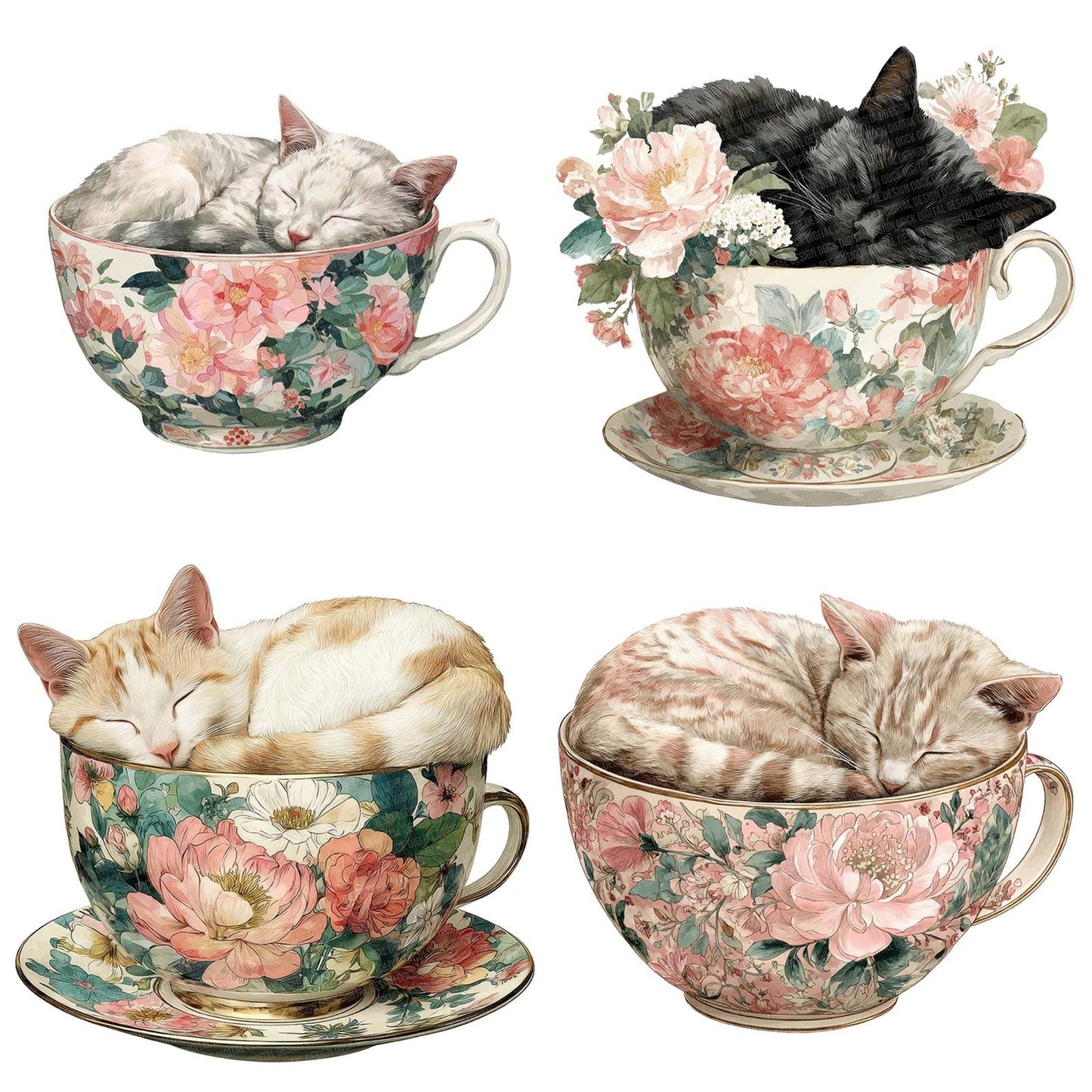 Sleeping Cat in Teacup Clipart Set (DDD006576)