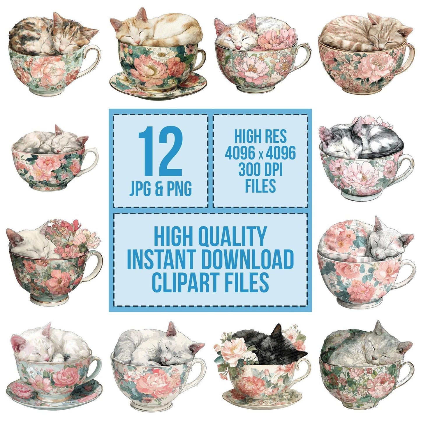 Sleeping Cat in Teacup Clipart Set (DDD006576)