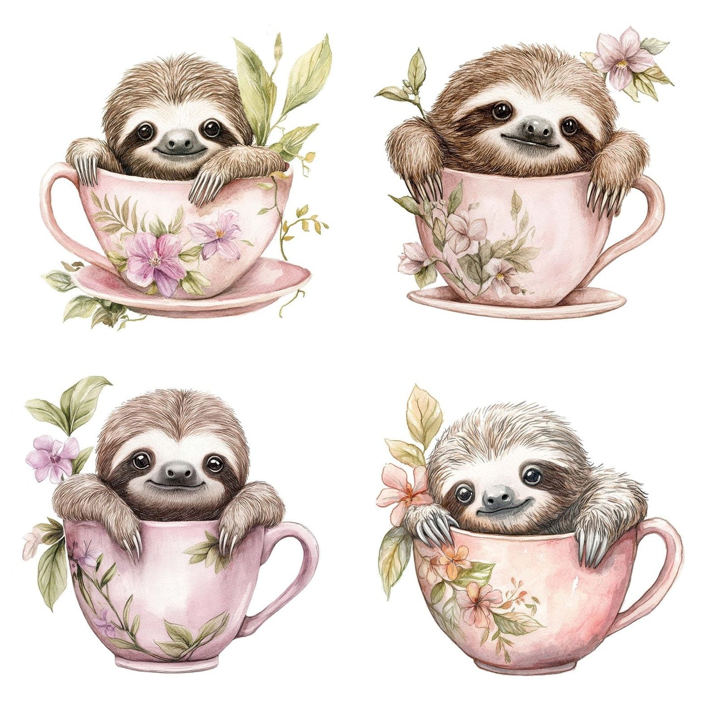 Sloth in Orchid Teacup Clipart Set (DDD006581)