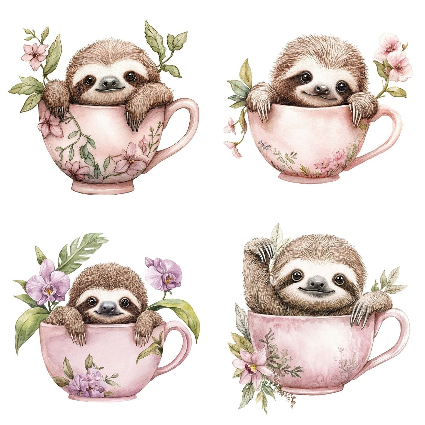 Sloth in Orchid Teacup Clipart Set (DDD006581)