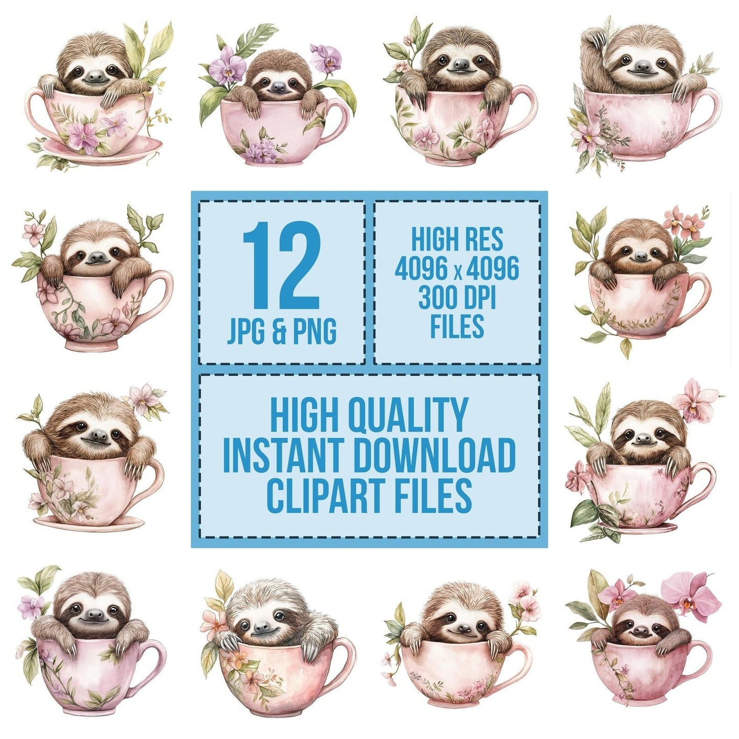 Sloth in Orchid Teacup Clipart Set (DDD006581)