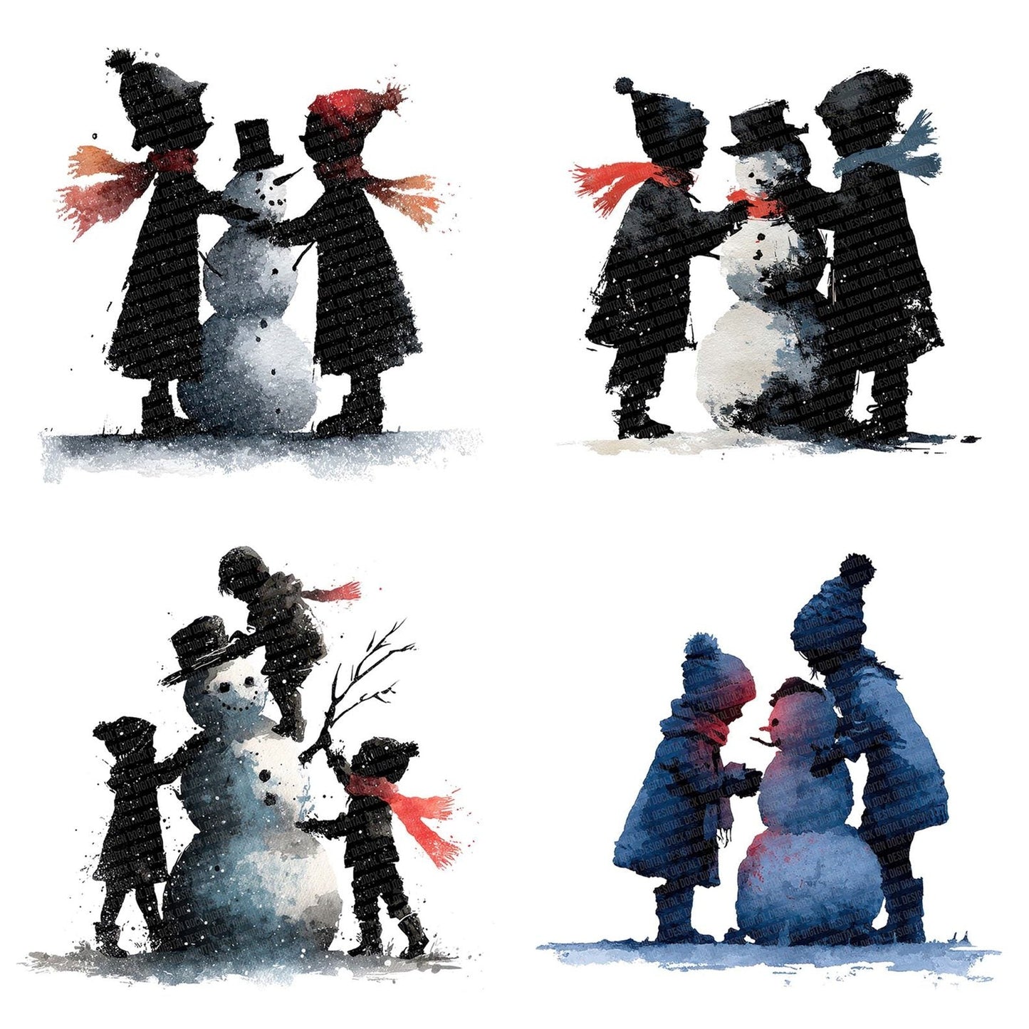 Snowman Children Silhouette Clipart Set (DDD006606)
