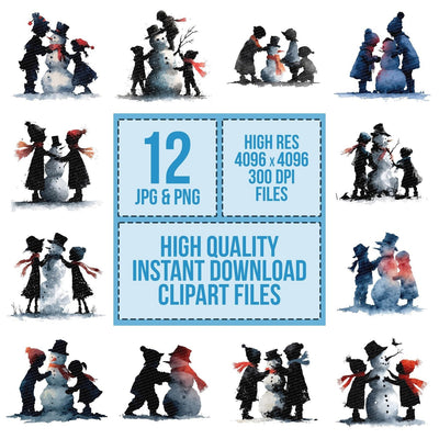Snowman Children Silhouette clipart set cover showing the designs and file details