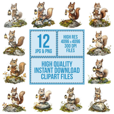 Squirrel with Lantern and Acorns clipart set cover showing the designs and file details