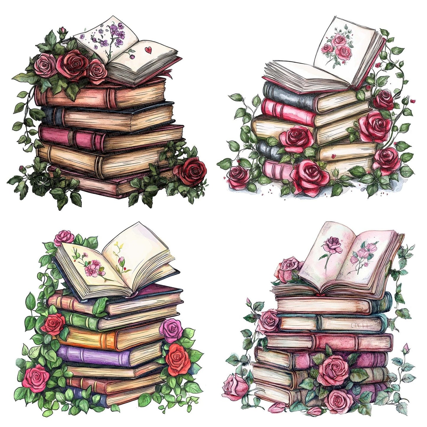 Stacked Books with Florals Clipart Set (DDD006643)