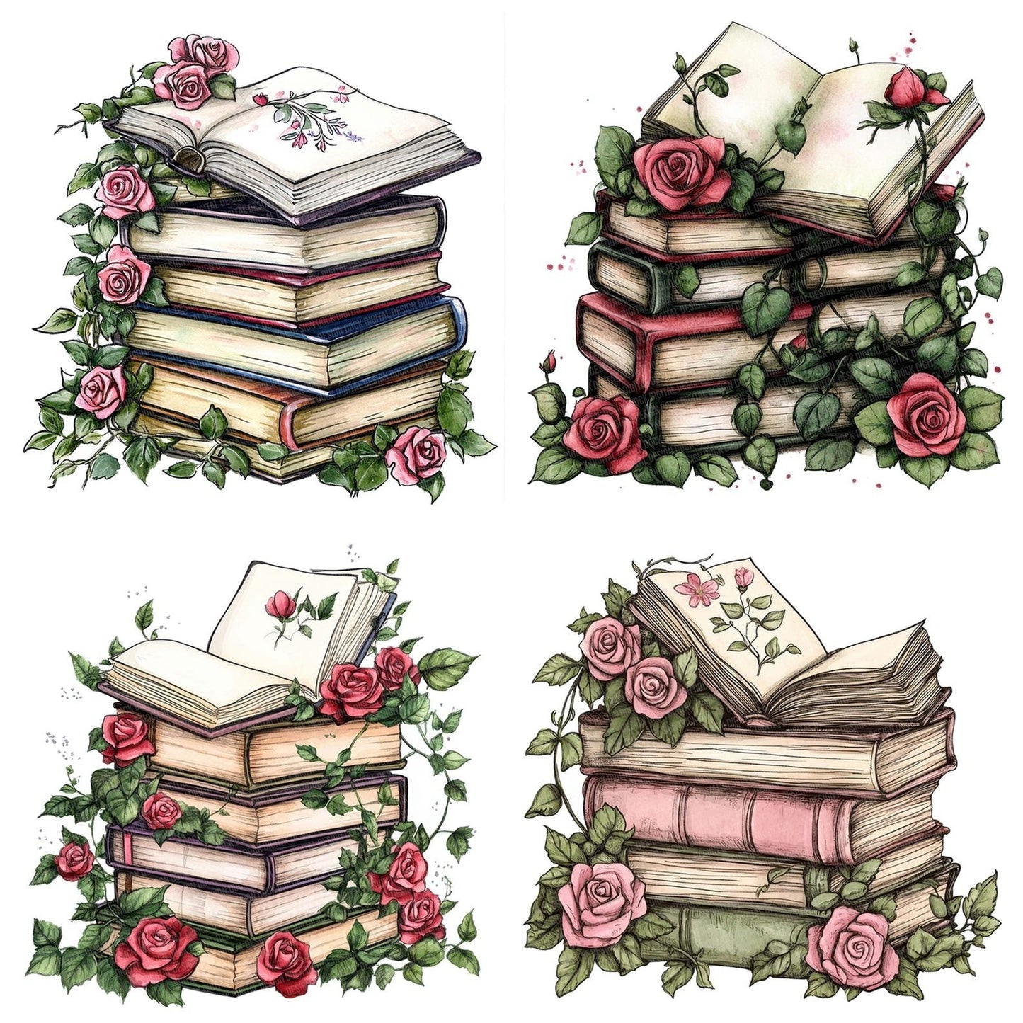 Stacked Books with Florals Clipart Set (DDD006643)