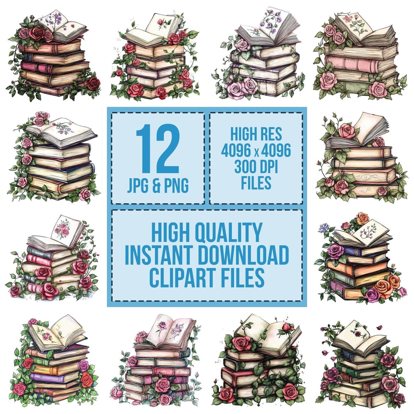Stacked Books with Florals Clipart Set (DDD006643)
