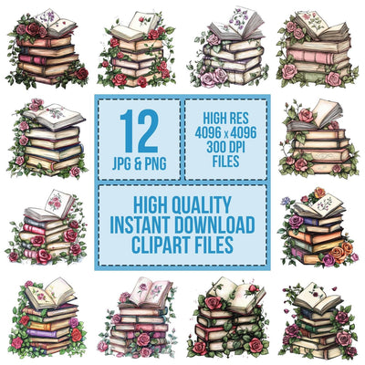 Stacked Books with Florals Clipart Set (DDD006643)