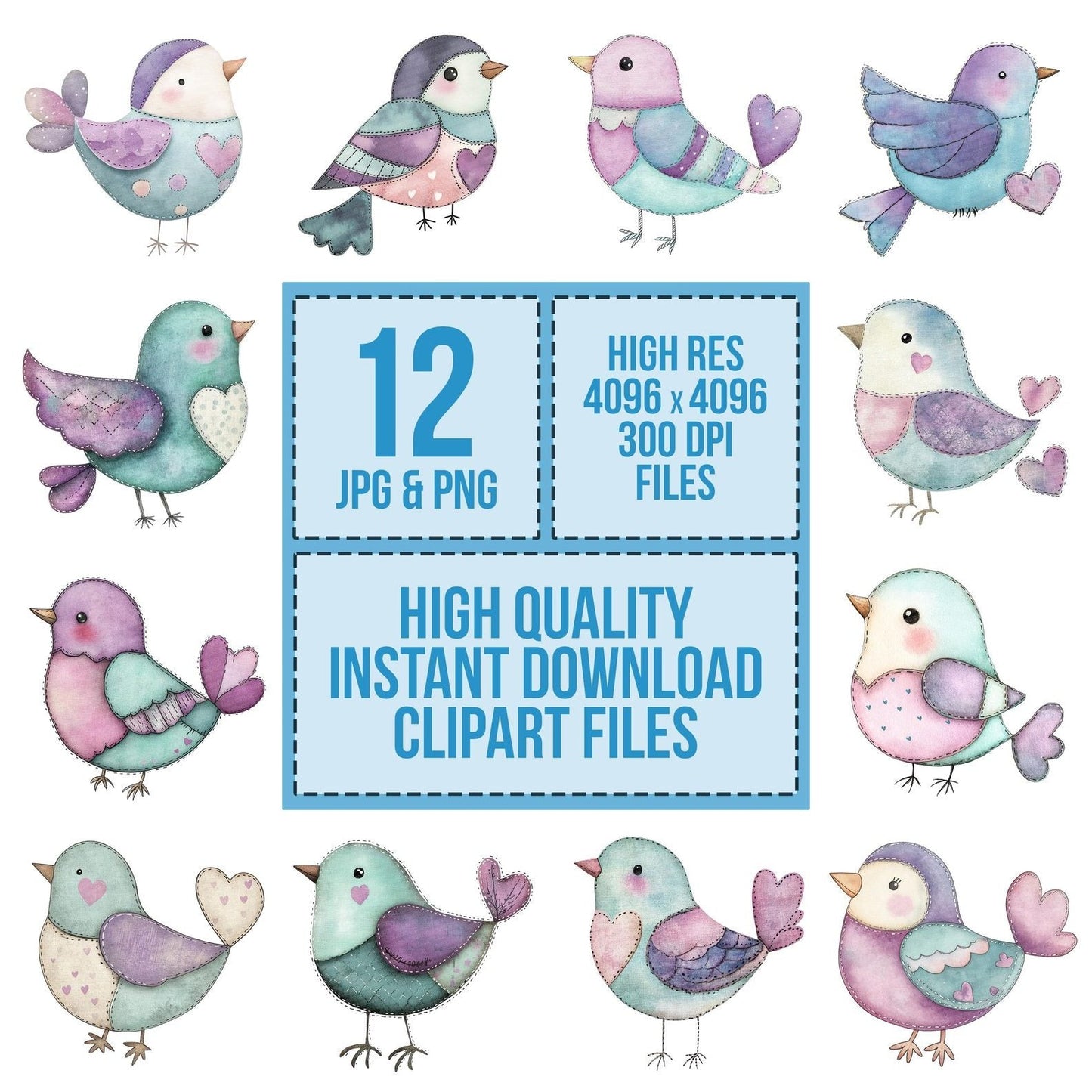 Stitched Mint Bird Clipart Set (DDD006662)