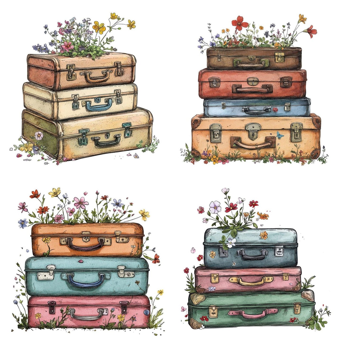 Suitcases with Blooming Flowers Clipart Set (DDD006674)