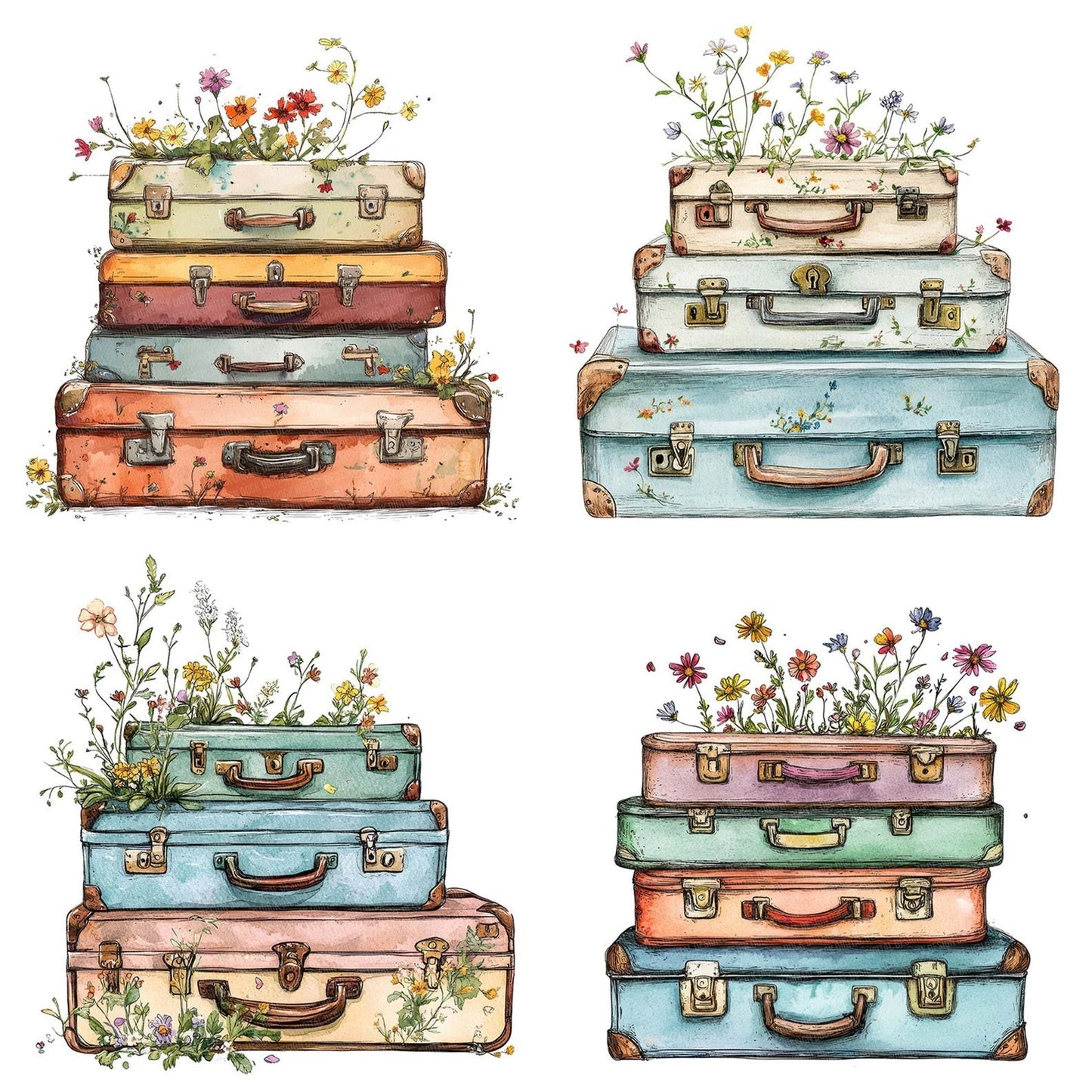 Suitcases with Blooming Flowers Clipart Set (DDD006674)