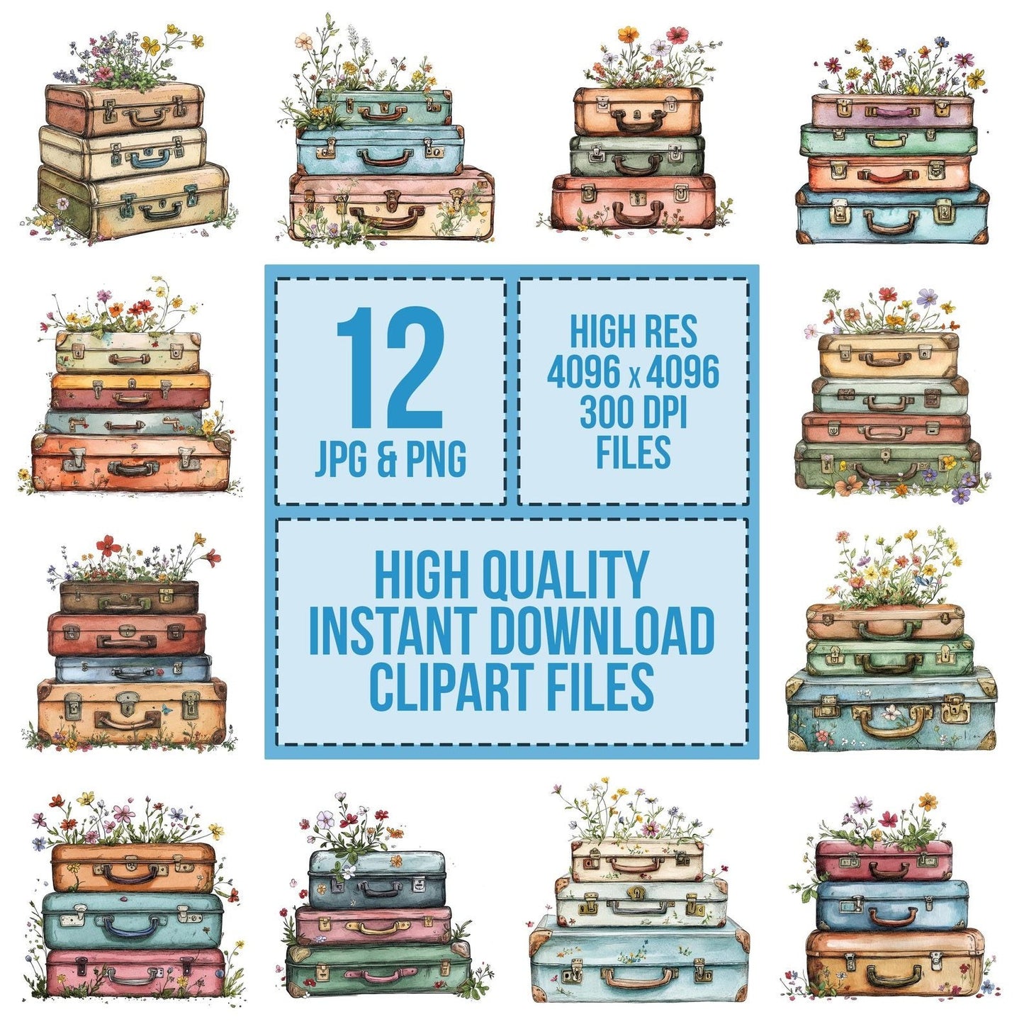 Suitcases with Blooming Flowers Clipart Set (DDD006674)