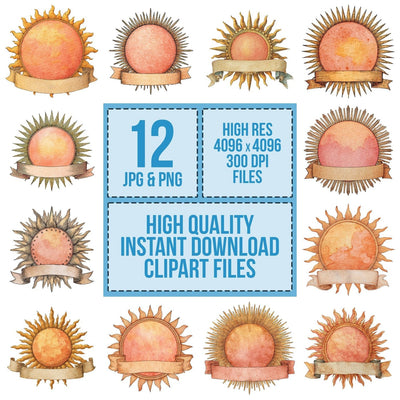 Sun Banner clipart set cover showing the designs and file details