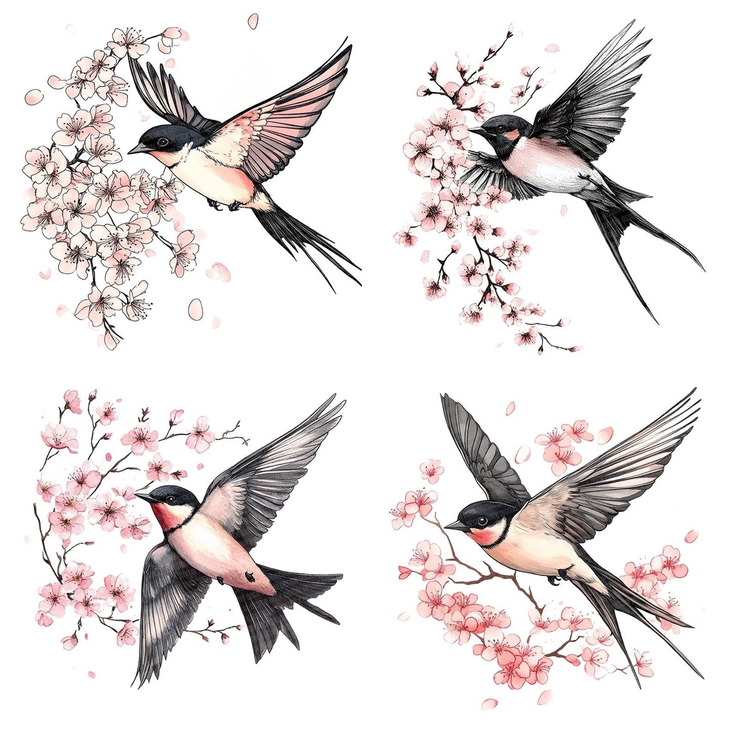 Swallow with Cherry Blossoms Clipart Set (DDD006688)
