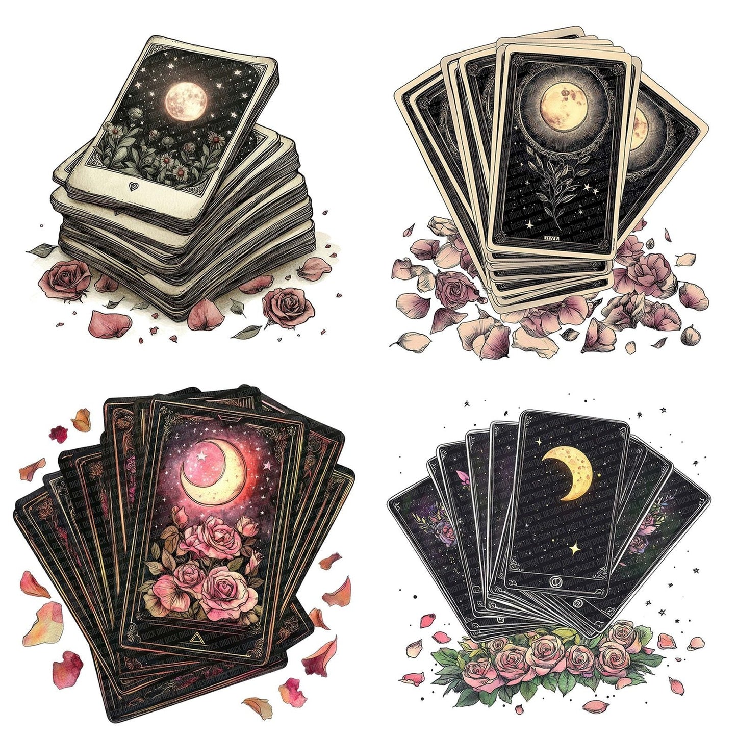 Tarot Card Stack with Petals Clipart Set (DDD006696)