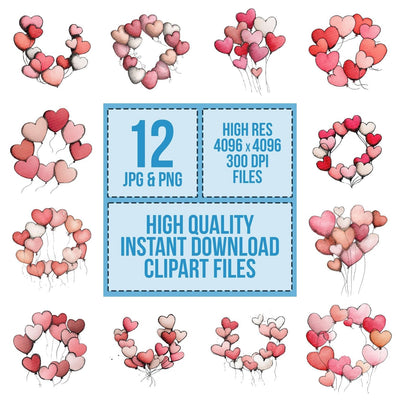 Tatty Heart Balloon Wreath clipart set cover showing the designs and file details
