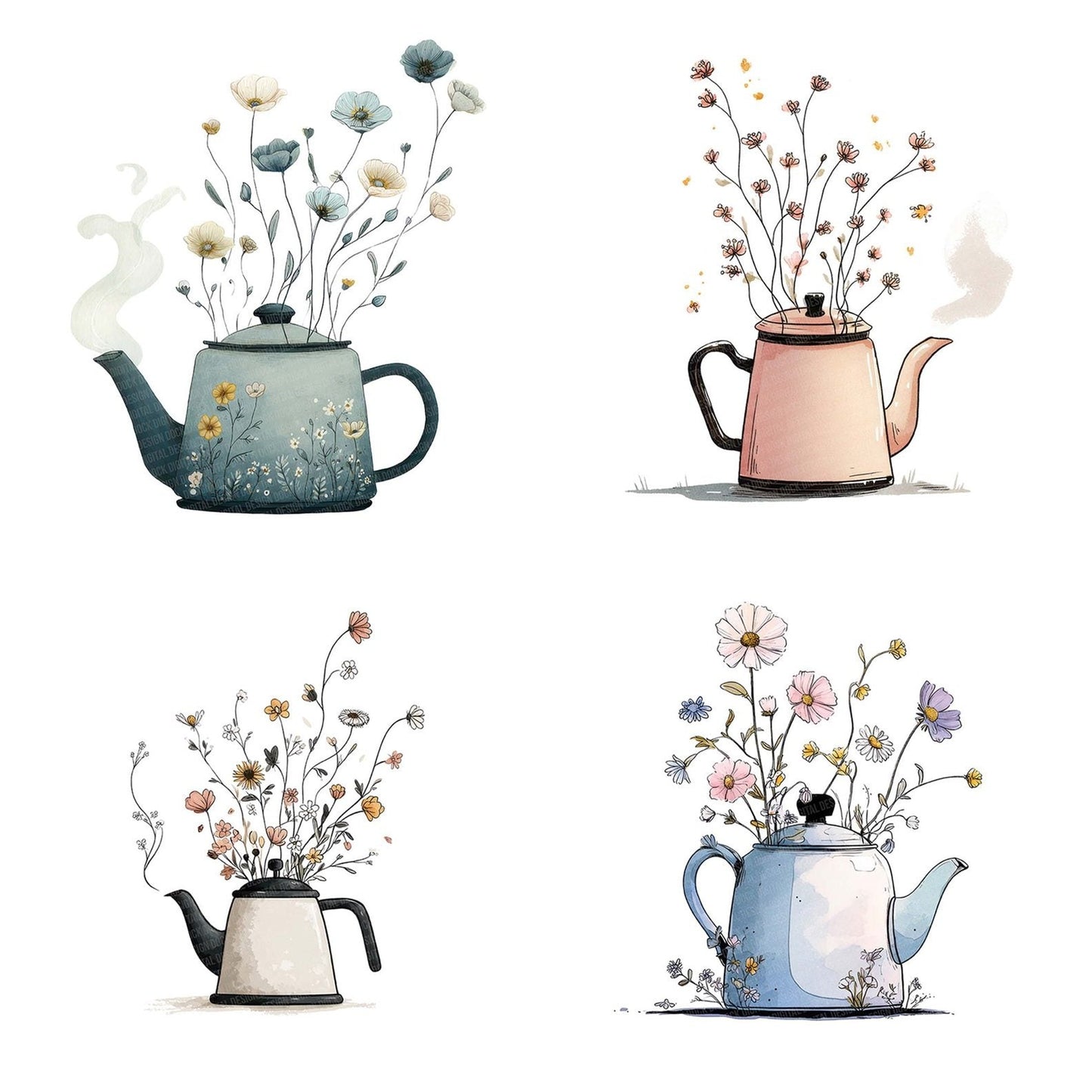 Tea Kettle Wildflowers Clipart Set (DDD006720)