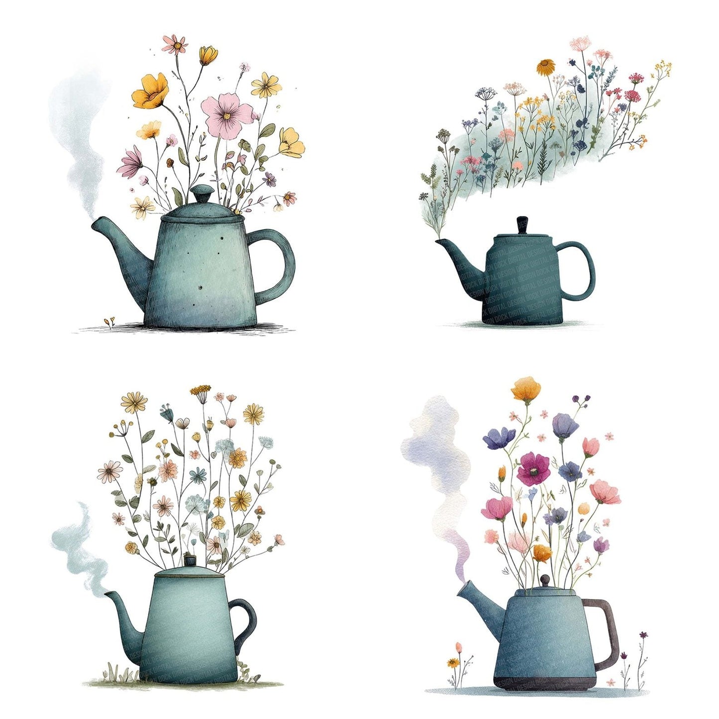 Tea Kettle Wildflowers Clipart Set (DDD006720)