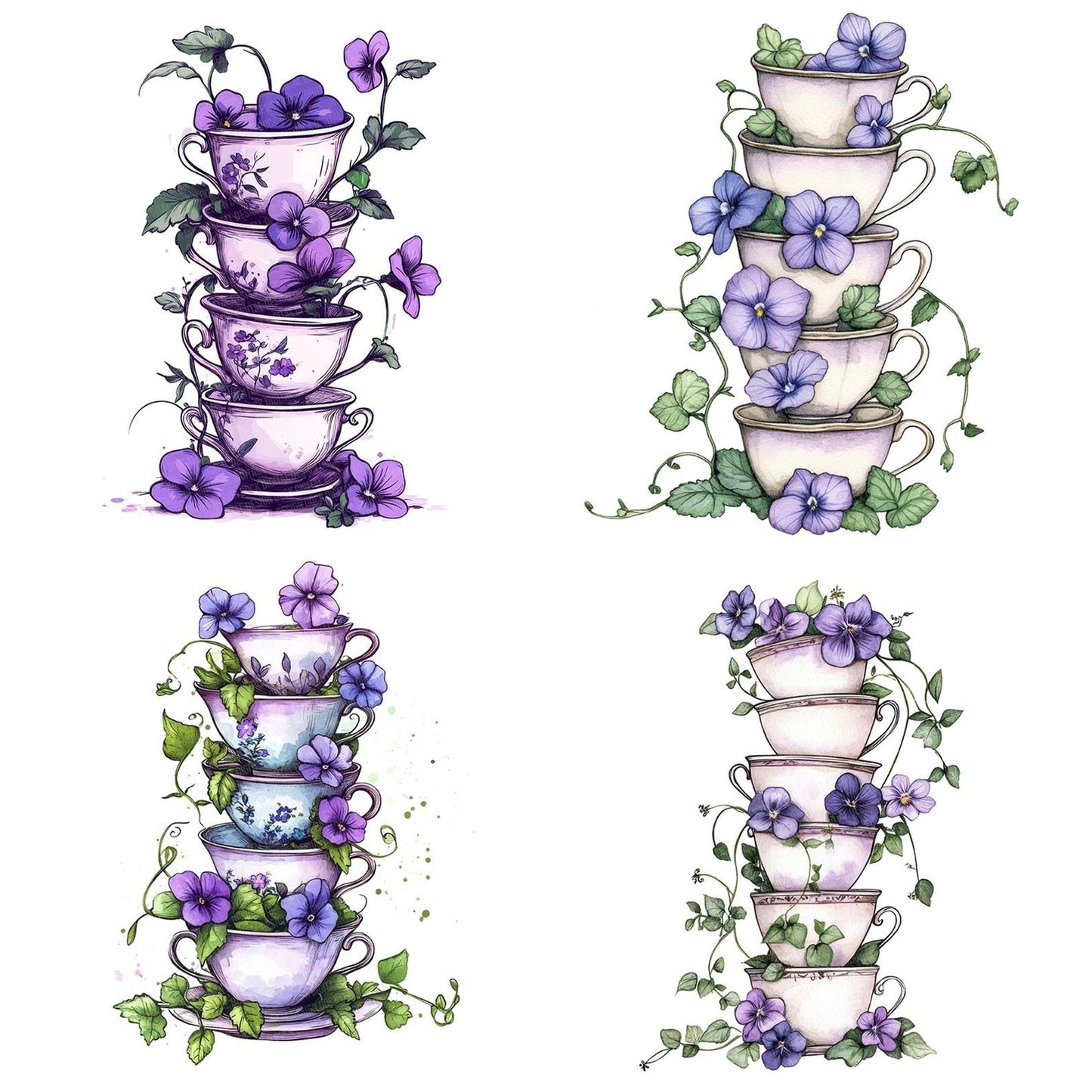 Teacup Stack with Florals Clipart Set (DDD006729)