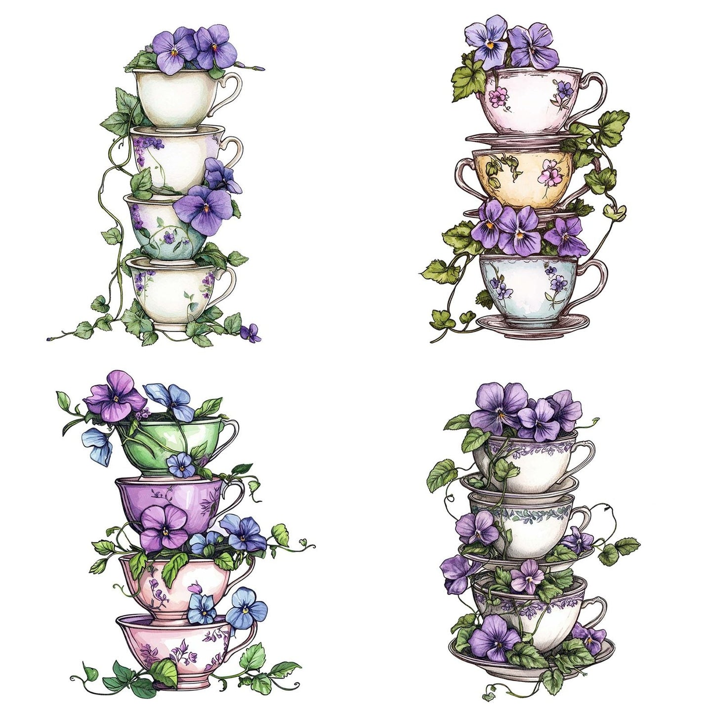 Teacup Stack with Florals Clipart Set (DDD006729)