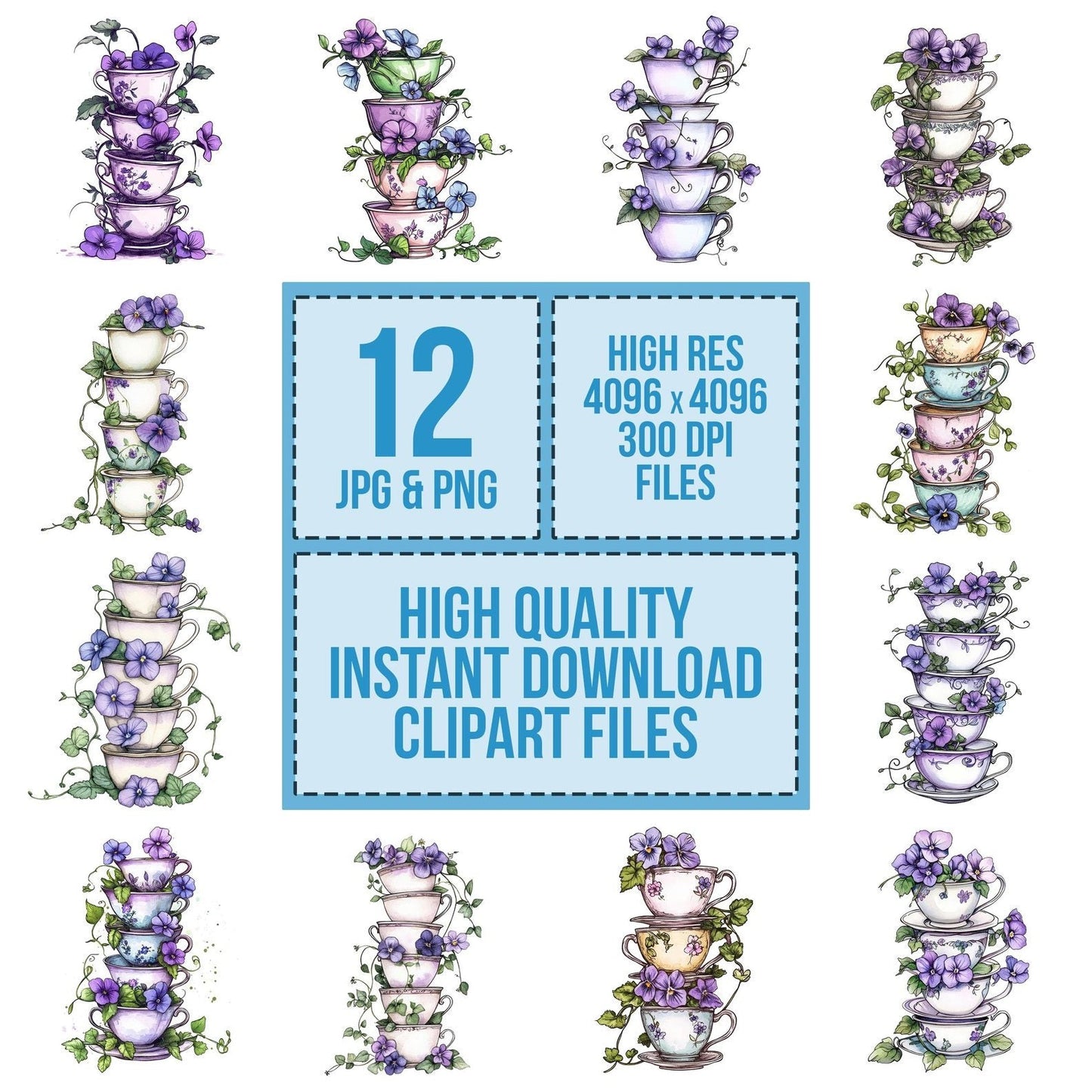 Teacup Stack with Florals Clipart Set (DDD006729)