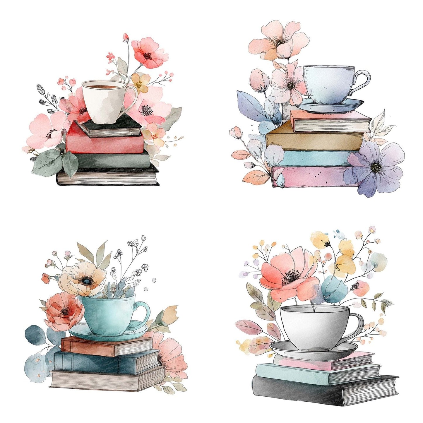 Teacup on Books with Flowers Clipart Set (DDD006726)