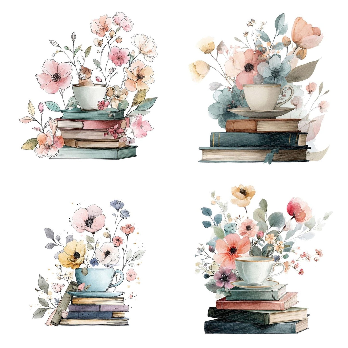 Teacup on Books with Flowers Clipart Set (DDD006726)