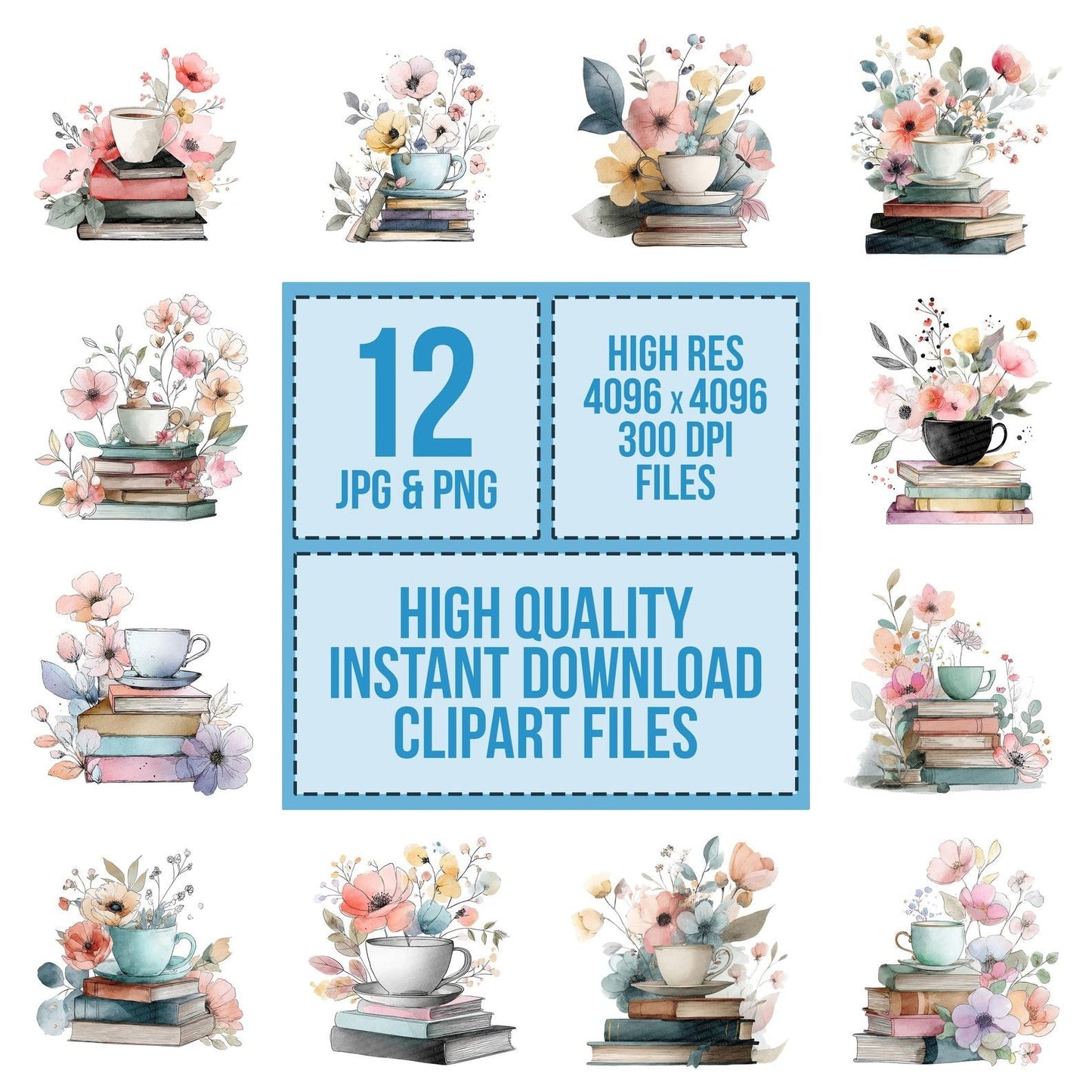 Teacup on Books with Flowers Clipart Set (DDD006726)